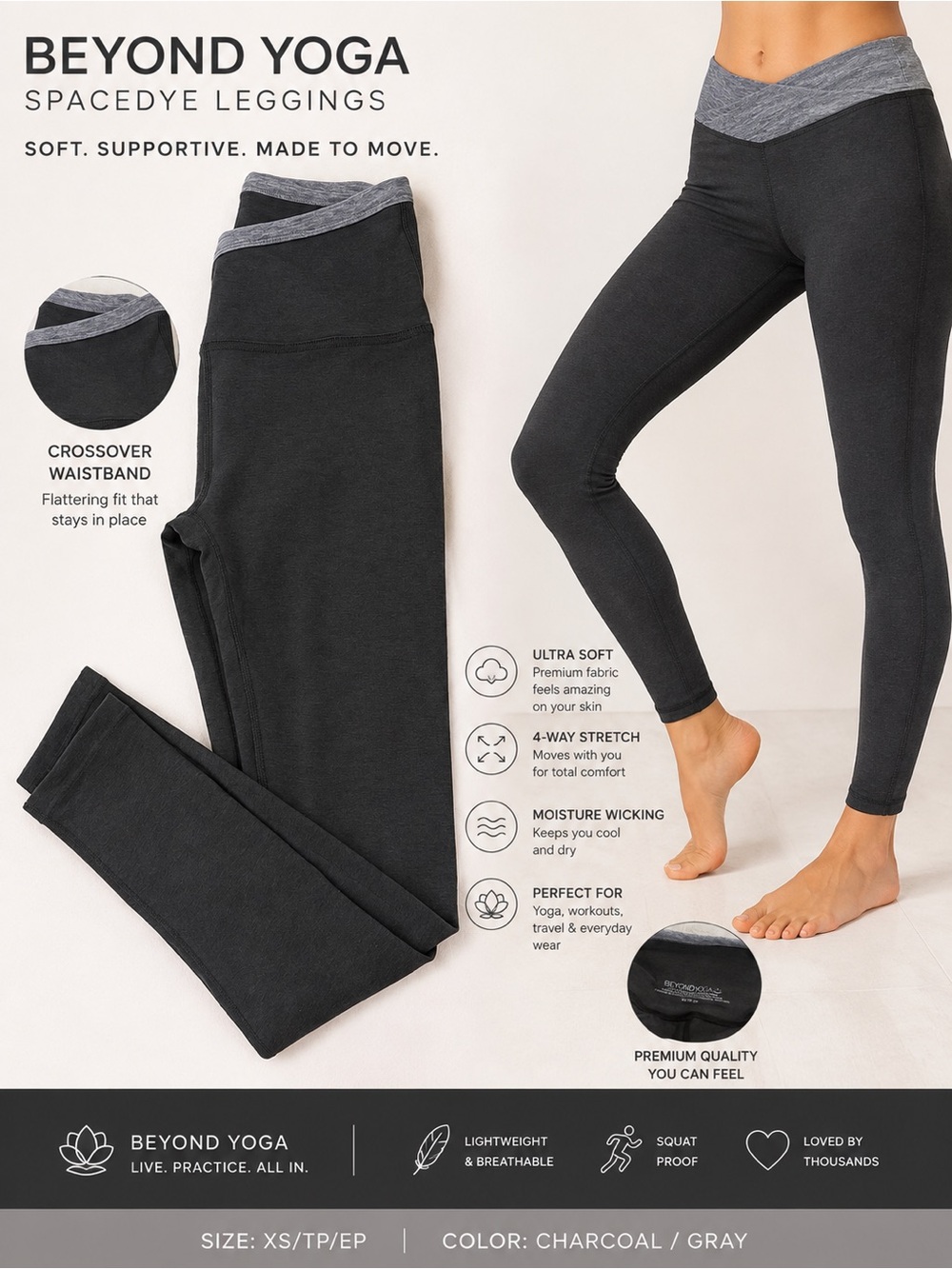 Beyond Yoga Kids Charcoal & Gray Crossover Waist Leggings